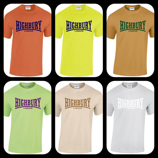 Highbury T-Shirts - White, Sand, Mint, Orange, Bright Green +  Antique Gold